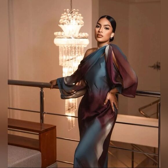 NWT ZARA SATIN printβmidi dress with cape blue and brown Included Cape - Picture 6 of 15